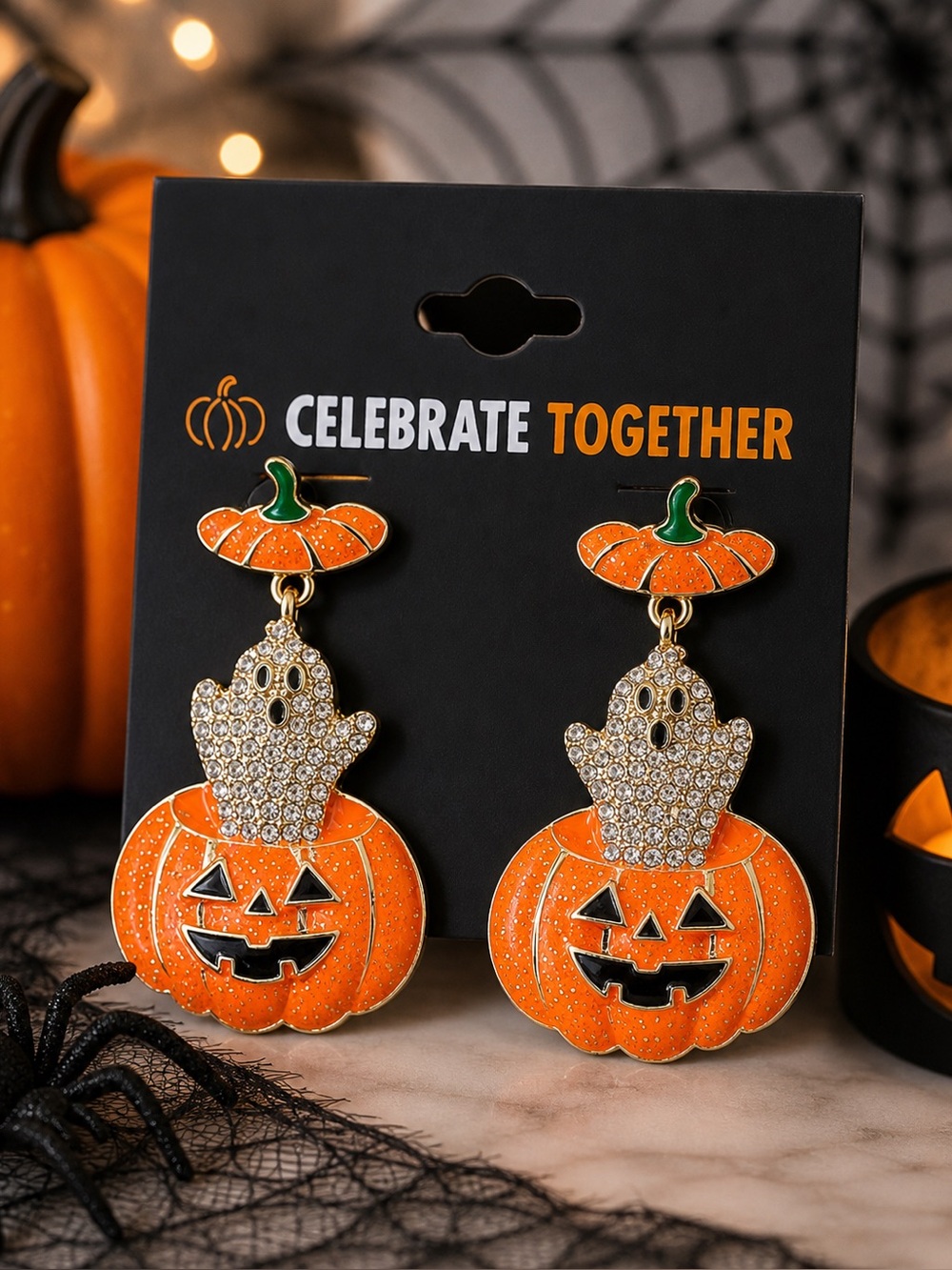 Halloween Pumpkin Ghost Rhinestone Dangle Earrings Orange Gold Tone